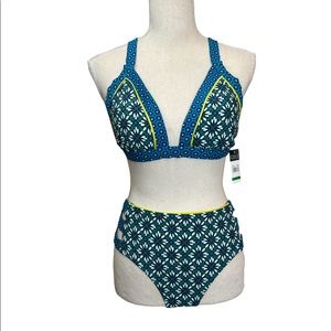 NWT Cole blue teal white yellow floral tile high rise cut out bikini size M/L